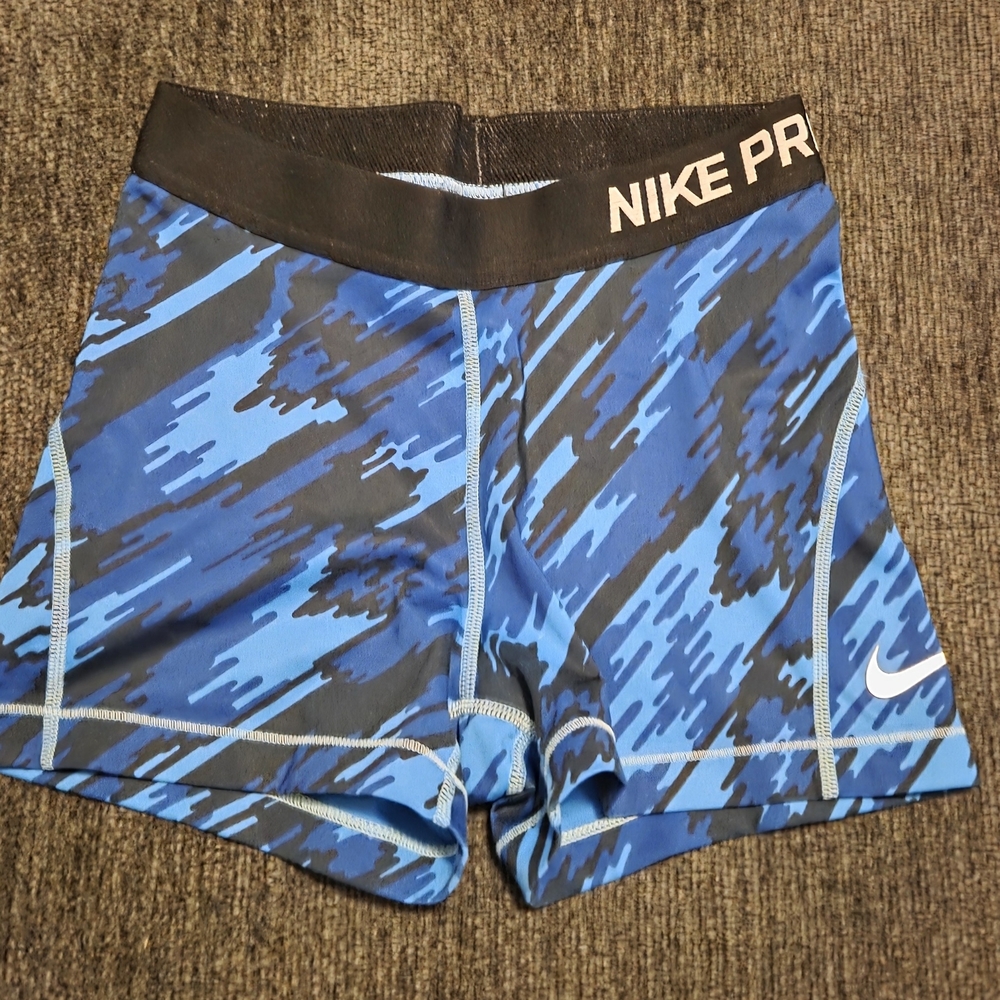 Nike Pro Blue and Black Camo Dri-Fit Bike Shorts. Size S
